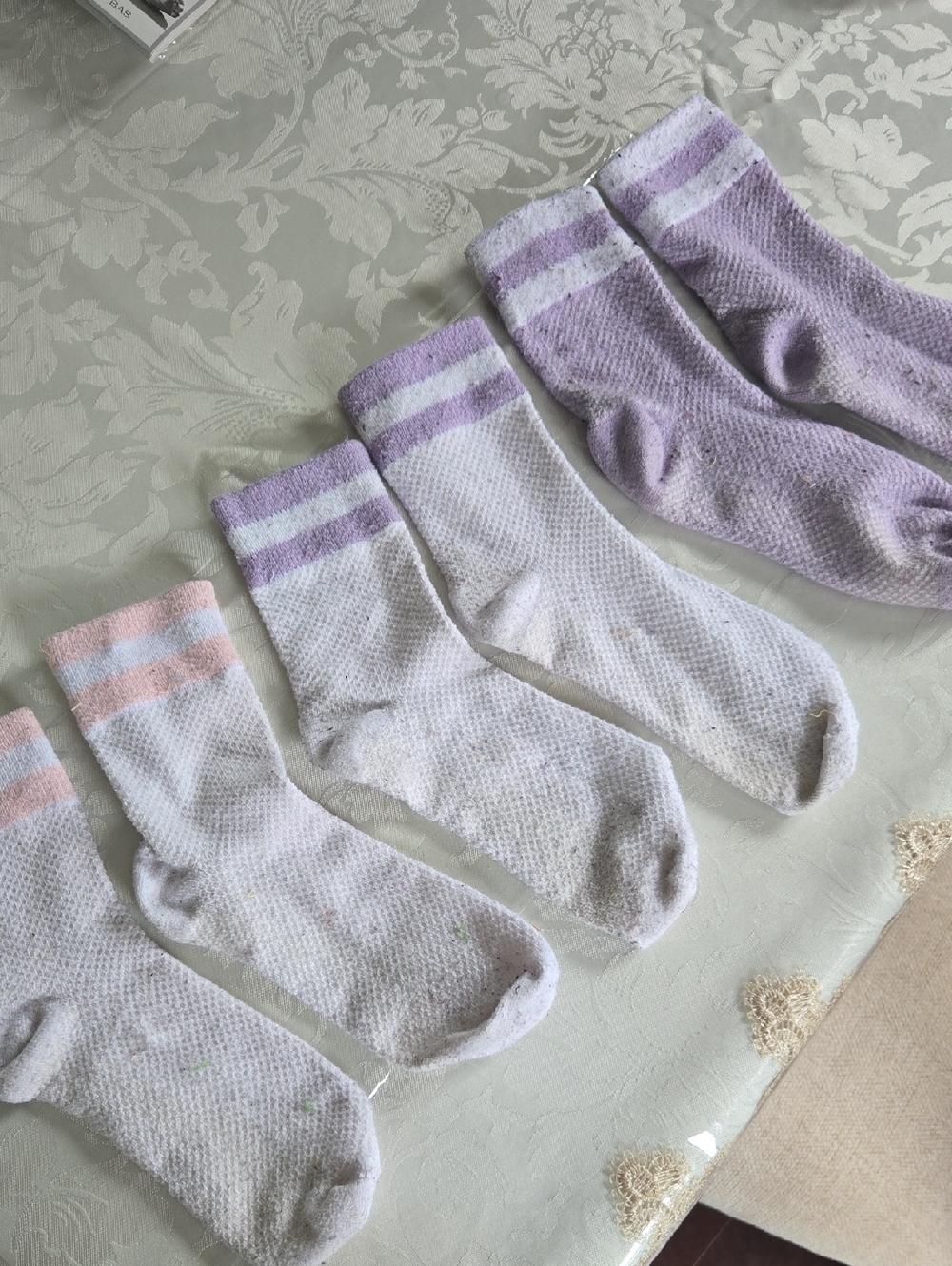 (3) Retro Cushioned Crew Socks with Pastel Stripes - White, Lavender And Pink